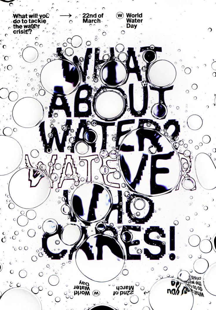 an advertisement with the words what about water? and some bubbles in black and white