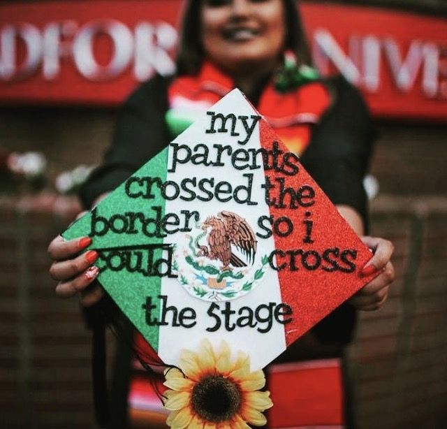 a woman is holding up her graduation cap with the words, my parents crossed the border so i could cross the stage