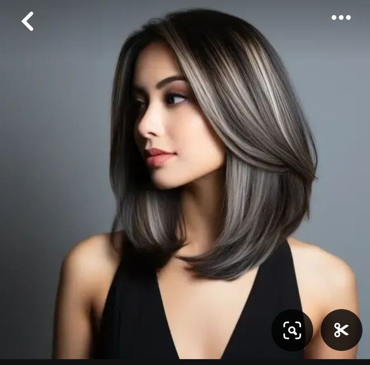 Hair Lowlights, Brown Hair With Silver Highlights, Dark Brown Hair With Highlights, Gray Blending, Silver Hair Highlights, Highlights For Dark Brown Hair, Hairstyles Braid, Grey Hair Transformation, Grey Highlights