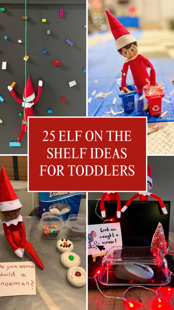 Creative and adorable Elf on the Shelf ideas for toddlers, including playful setups like climbing Lego walls, recycling fun, and festive snacks for endless holiday excitement. Elf Ideas Easy Toddlers, Funny Toddler Elf On The Shelf, Elf On The Shelf For Toddlers Ideas, Elf On The Shelf Ideas For Four Year Old, Toddler Elf On The Shelf Ideas Simple, Easy Toddler Elf On The Shelf Ideas, Toddler Elf Ideas, Elf On A Shelf Ideas For Toddlers, Elf Toddler Ideas