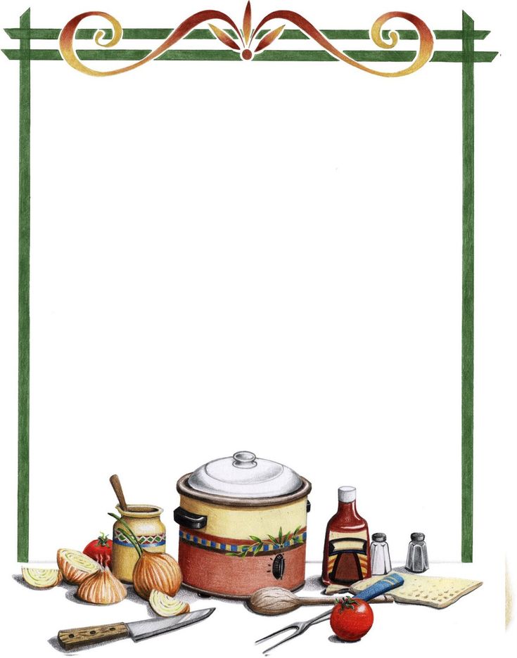 an illustration of cooking utensils and ingredients on a white background with a green border