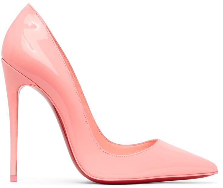 Patent leather heels in pink. Pointed toe. Logo stamp in gold-tone at tonal buffed leather footbed. Covered stiletto heel with tonal rubber injection. Signature red leather sole. Approx. 4.5 heel. Supplier color: Bubble gum | Christian Louboutin So Kate 120mm Heels Louboutin So Kate, Christian Louboutin So Kate, So Kate, Patent Leather Heels, Barbie And Ken, Logo Stamp, Stiletto Heel, Bubble Gum, Christian Louboutin Pumps