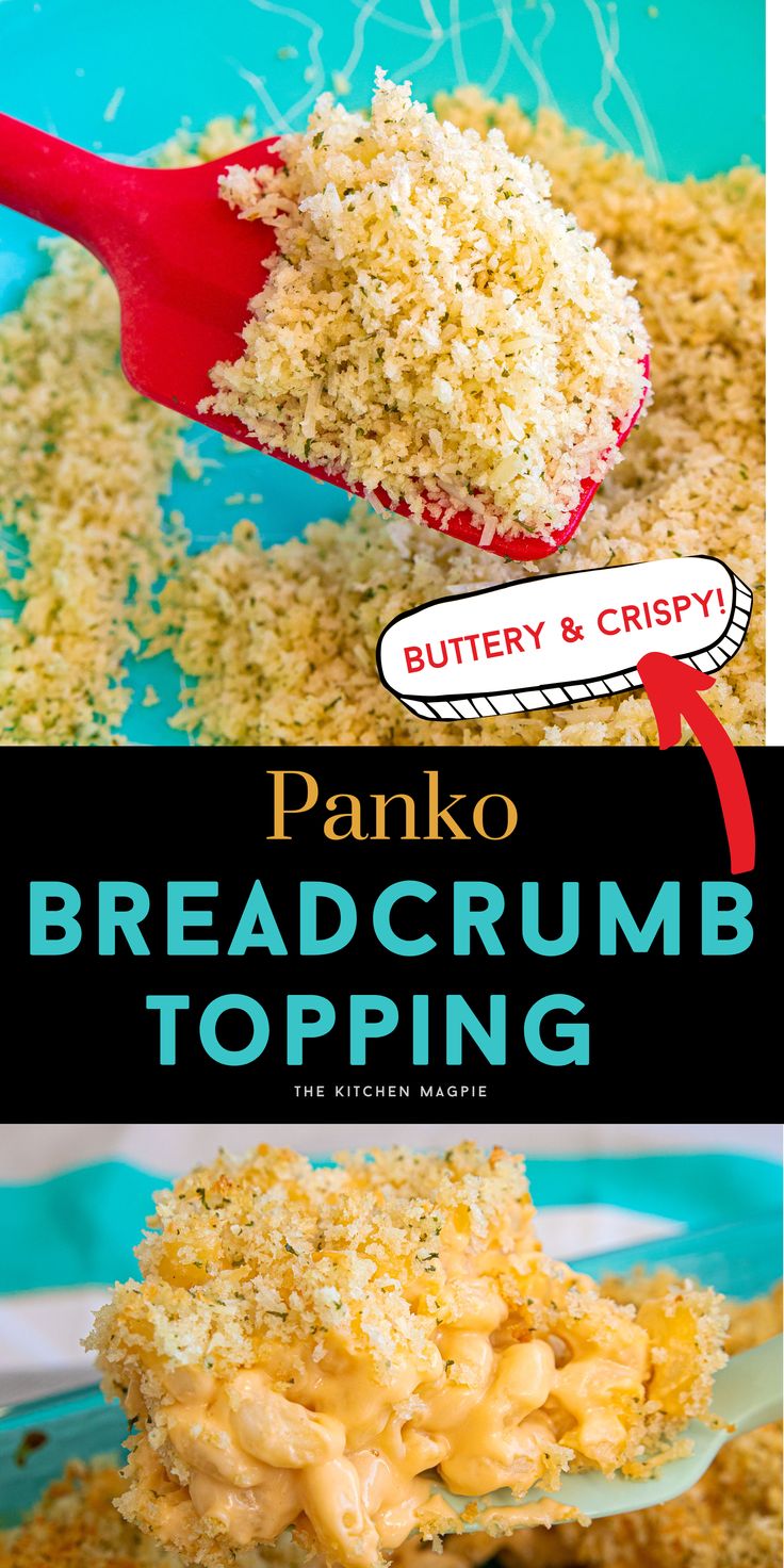 panko breadcrumb topping on a spoon with text overlay that reads panko breadcrumb topping