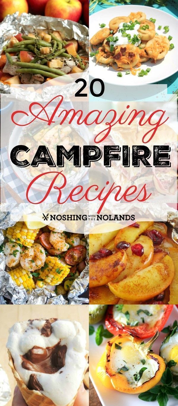 the cover of 20 amazing campfire recipes with images of food and vegetables in them