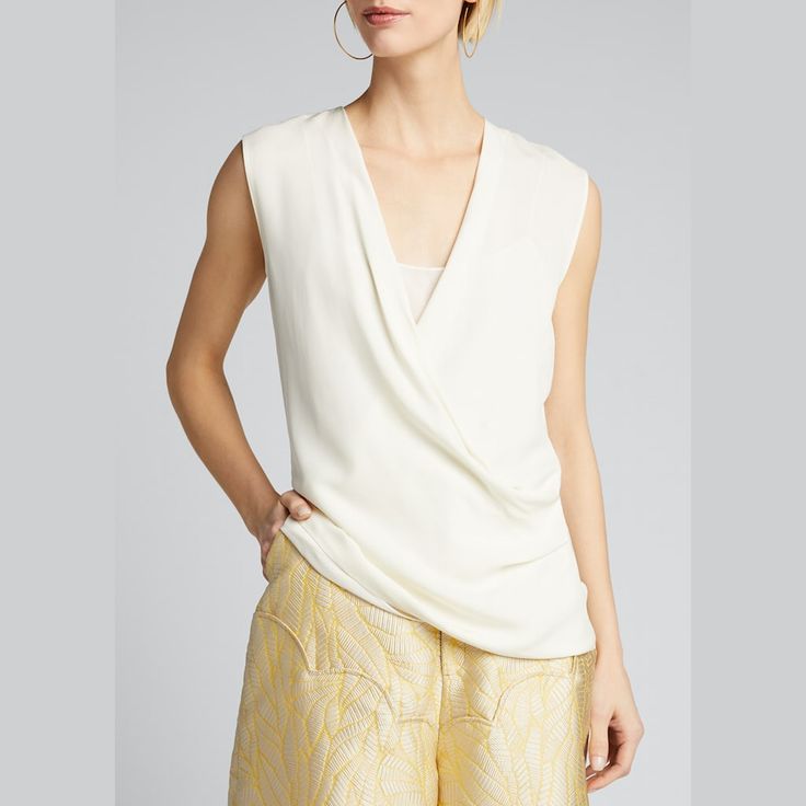 Theory shell with draped-front bodice. Surplice neckline. Sleeveless. Relaxed silhouette. Pullover style. Silk. Unlined. Imported. Elegant Sleeveless Ruched Tops, Sleeveless Silk Ruched Top, Sleeveless Ruched Silk Top, Formal Sleeveless Ruched Top, Sleeveless Silk Top With Ruched Detail, Elegant Drapey Sleeveless Top, Ivory Drapes, Spring Event, Surplice Neckline