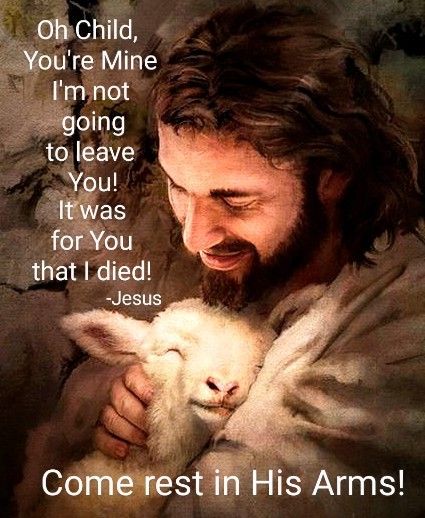 a man holding a baby lamb in his arms with the words come rest in his arms