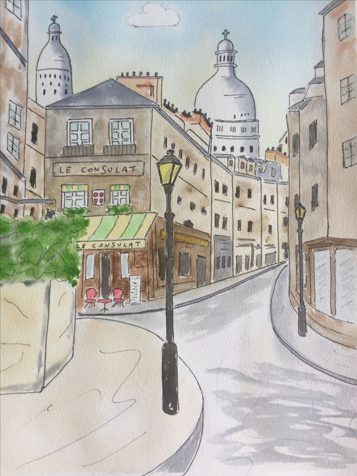 a drawing of a city street with buildings on both sides and a lamp post in the middle