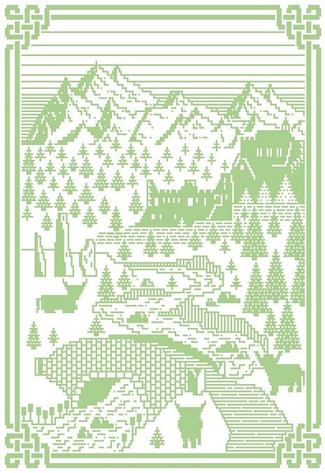 a cross stitch pattern with mountains, trees and houses in the distance on a green background