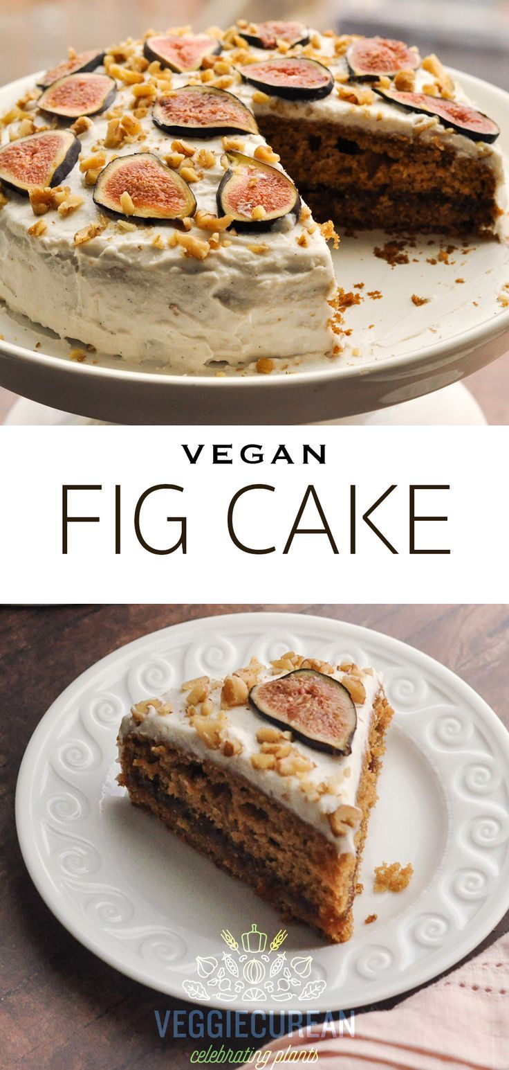 vegan fig cake with cream cheese frosting and fresh figs in the middle