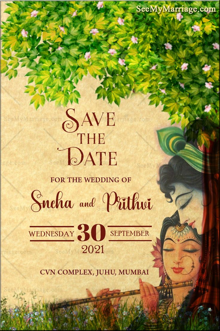 save the date card with an image of hindu couple under a tree and flowers on it