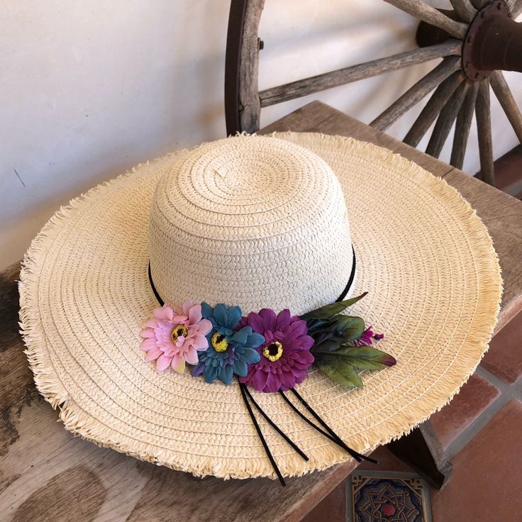 Floppy Summer Woven Straw Rattan Hat In Natural W/ Silk Flowers On Brim Of Hat. Super Cute! Light & Comfy! New!!! Measurements: Across Total Hat: 16.5” Head Opening: 8” Perfectly Round And Flexible. Great For: - Beach - Weddings - Outdoor Parties & Events - Out To Eat - Wineries - Vacations Adjustable Summer Sun Hat With Flower Design, Adjustable Summer Sun Hat With Flower Shape, Summer Vacation Sun Hat With Flower Shape, Summer Vacation Hats With Flower Shape, Adjustable Sun Hat With Flower Design For Vacation, Summer Vacation Hat With Flower Shape, Adjustable Flower Hats For Vacation, Adjustable Flower Sun Hat For The Beach, Floral Sun Hat For Spring Vacation