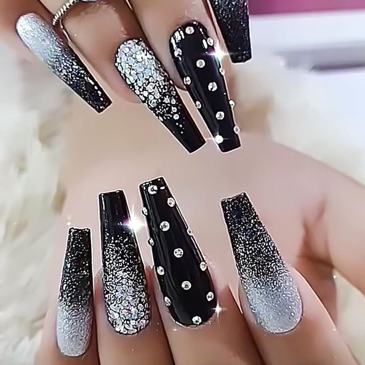 Nails Long Purple, Nails With Purple Glitter, Nails With Purple, Black And Silver Nails, Rhinestones Designs, Black Silver Nails, Purple Glitter Nails, Silver Nail Designs, Acrylic Glue