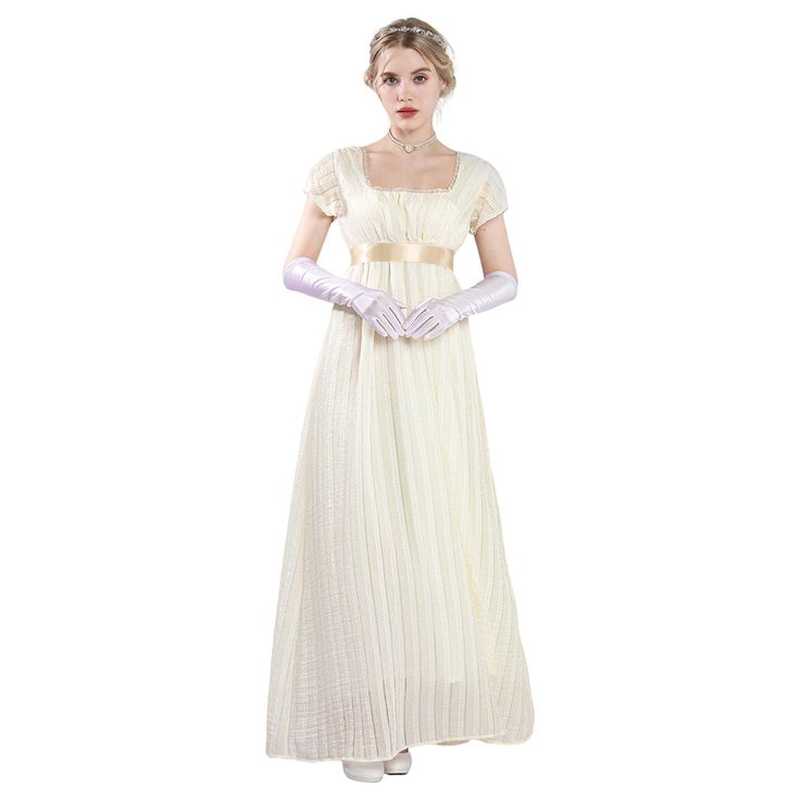 PRICES MAY VARY. Package included - 1* regency dress; 1* satin sash. We provide one champagne satin sash for this long regency gown, ties into a bow or knot at back, elegant and chic. Features - The square neckline is very 1800s-inspired and around with lace ruffles. Elastic high waist design with a satin sash, typical empire waist. Short puff sleeves won't make you feel bound. The daphne regency dress makes you look more elegant. Material - This Regency dress is made of 70% polyester, 30% cotto Empire Waist Dress Bridgerton, Regency Dance Card, Regency Evening Dress, Georgian Era Dress, Victorian Bridesmaid Dress, White Regency Dress, Rococo Dresses, Pride And Prejudice Dress, Regency Dress Jane Austen