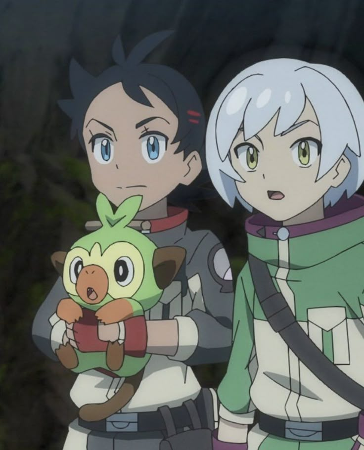 two anime characters standing next to each other with one holding a stuffed animal in his hand