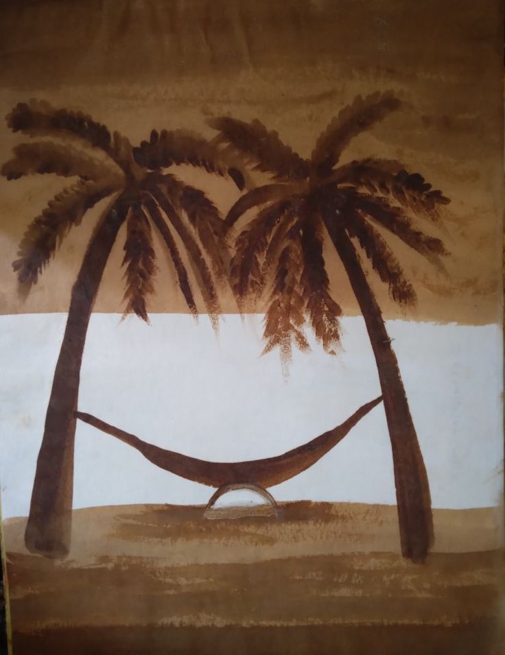 a painting with two palm trees and a hammock hanging from it's sides