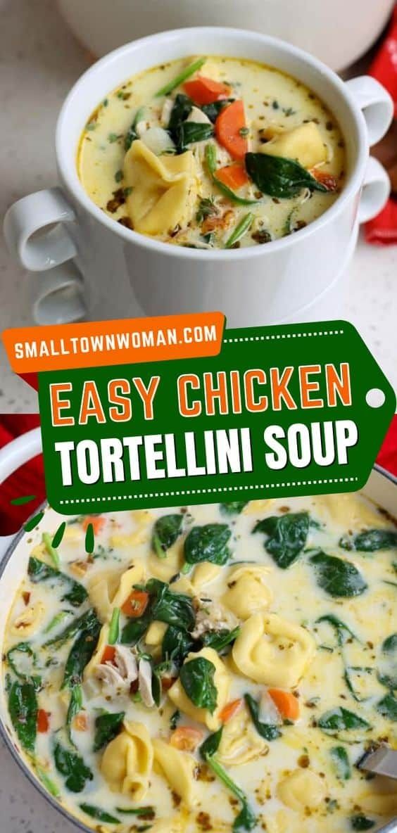 two white bowls filled with tortellini soup