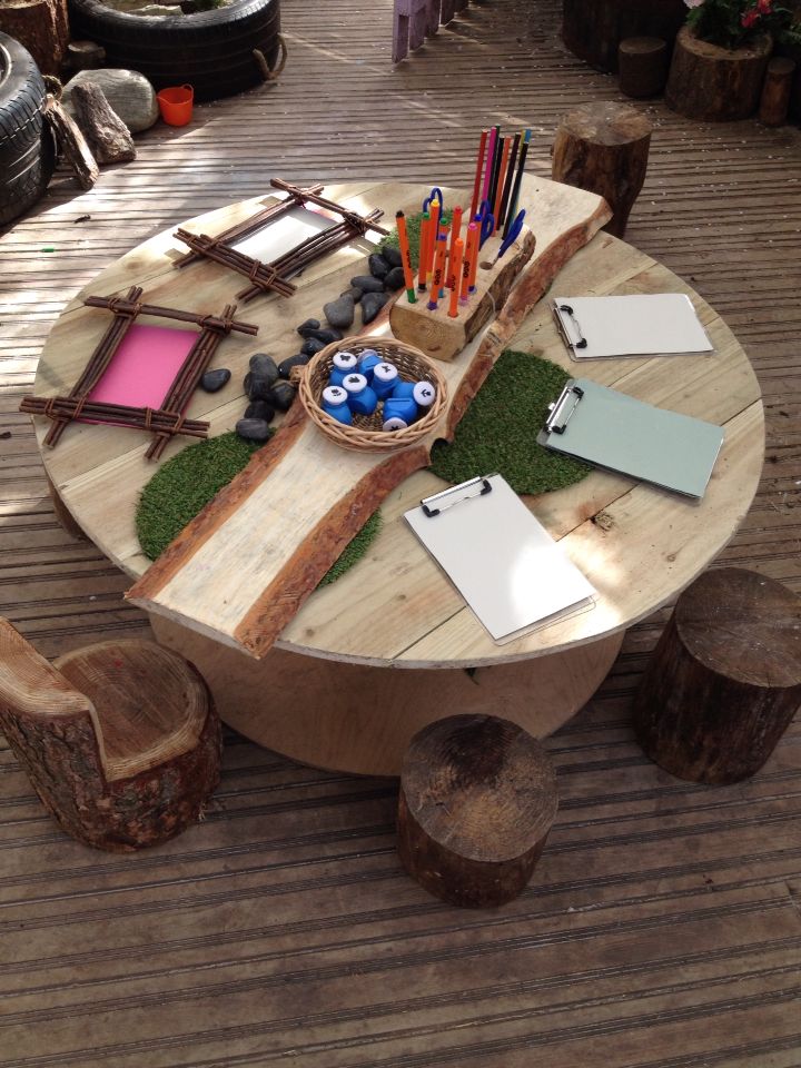 a wooden table topped with lots of different types of art and craft supplies on top of a hard wood floor