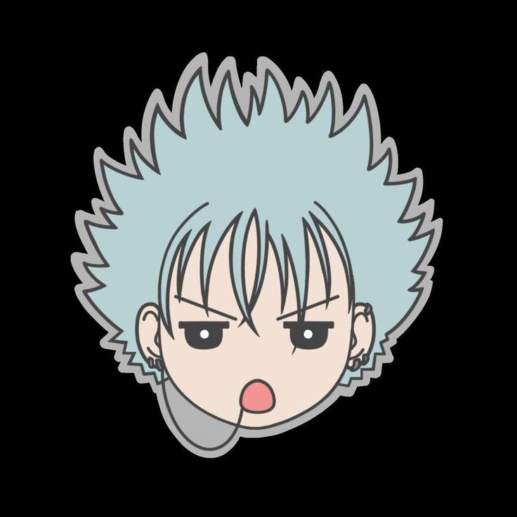 the face of an anime character with blue hair and black eyes, in front of a black background