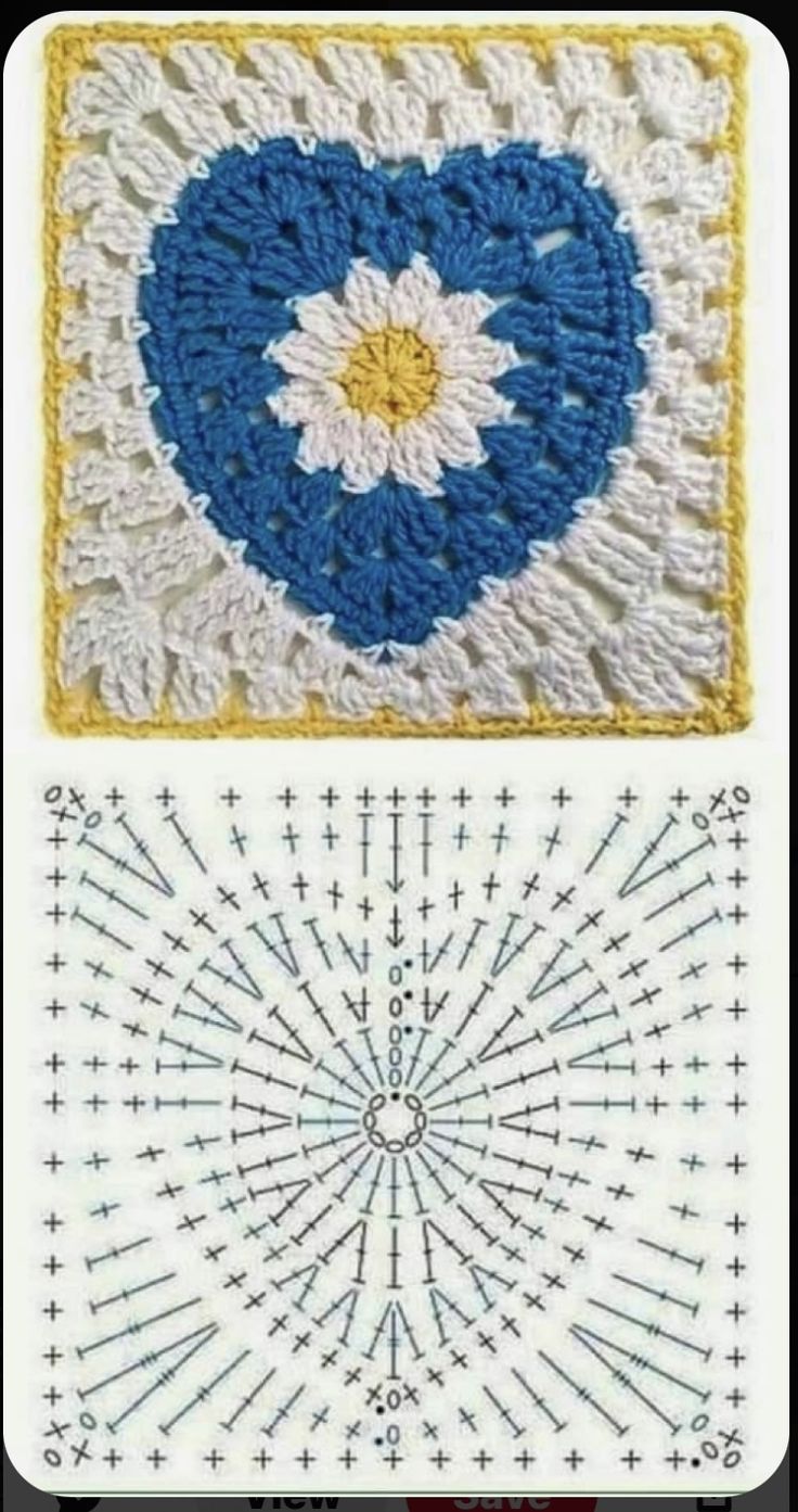 two crocheted squares with blue and white designs on them, one has a flower in the center