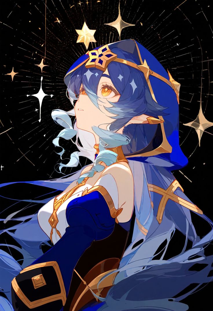 an anime character with blue hair and stars in the background