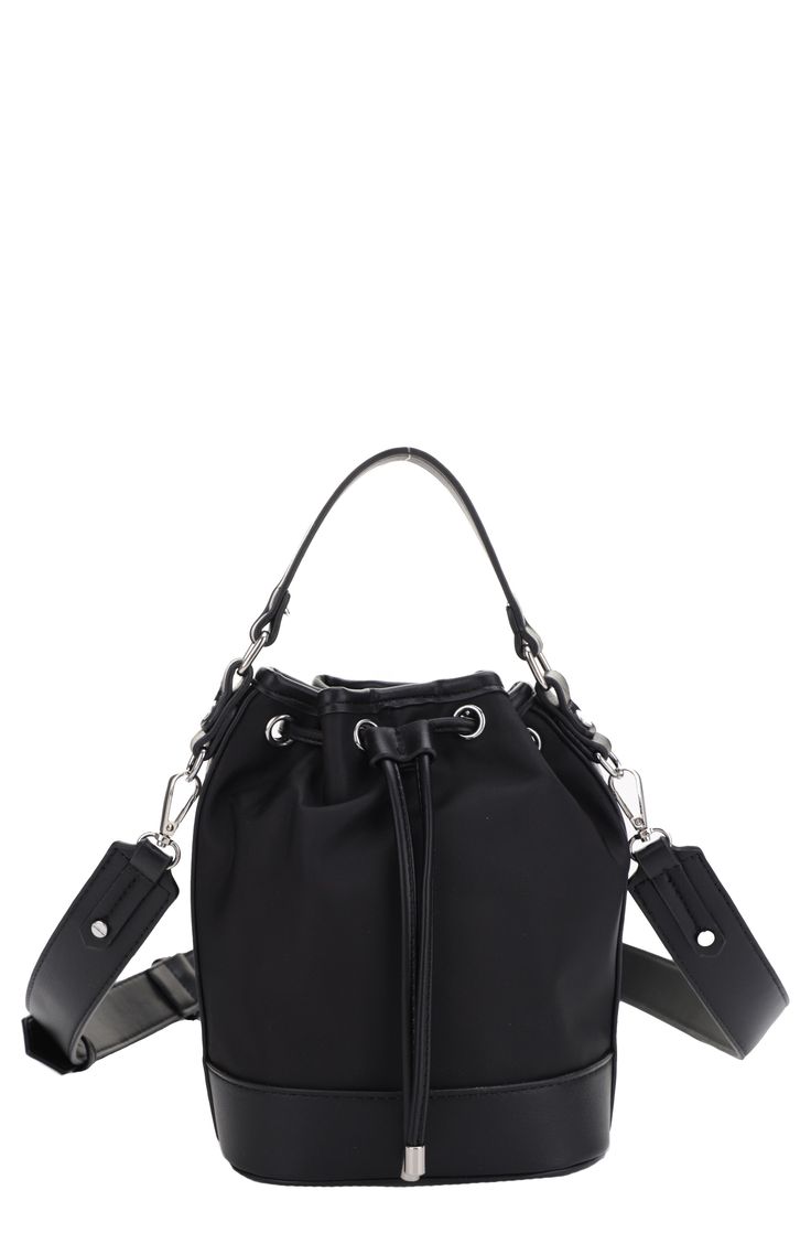 Gleaming hardware and mixed textures distinguish a stylish bucket bag fitted with multiple straps and a drawstring closure to keep your essentials secure. Structured silhouette with flat base for stability Leopard-print lining Nylon with PETA-certified vegan leather trim Imported Asian Owned/Founded Functional Large Capacity Black Bucket Bag, Nylon Shoulder Bucket Bag For Daily Use, Black Leather Bucket Bag With Leather Handles, Functional Bucket Bag For Travel, Functional Travel Bucket Bag, Nylon Bucket Shoulder Bag For Daily Use, Large Capacity Functional Black Bucket Bag, Everyday Use Nylon Bucket Shoulder Bag, Functional Bucket Bag With Removable Pouch