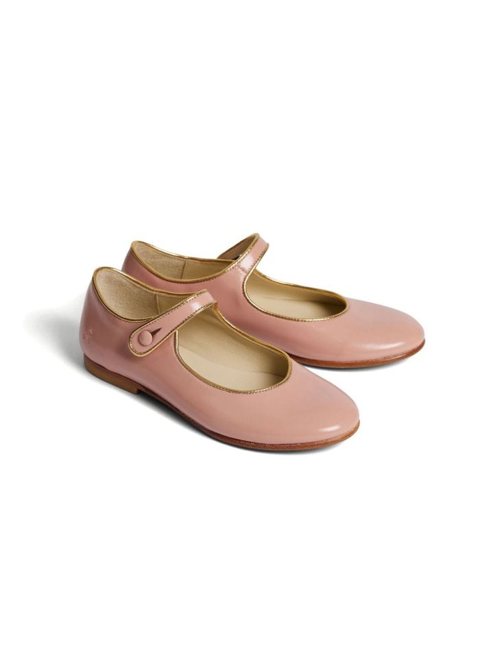 blush pink/gold-tone leather contrasting trim fabric-covered buttons round toe side button fastening branded leather insole flat leather sole Pink Mary Janes With Rubber Sole For Spring, Pink Leather Mary Janes With Rubber Sole, Pink Leather Mary Janes With Round Toe, Classic Pink Leather Shoes With Round Toe, Pink Leather Closed Toe Shoes With Rubber Sole, Classic Pink Ballet Flats With Round Toe, Classic Pink Round Toe Ballet Flats, Spring Pink Leather Shoes With Rubber Sole, Pink Leather Ballet Flats With Round Toe