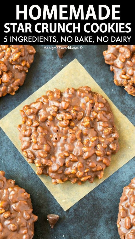 homemade star crunch cookies with chocolate chips on top and text overlay that reads homemade star crunch cookies 5 ingredients, no bake, no dairy