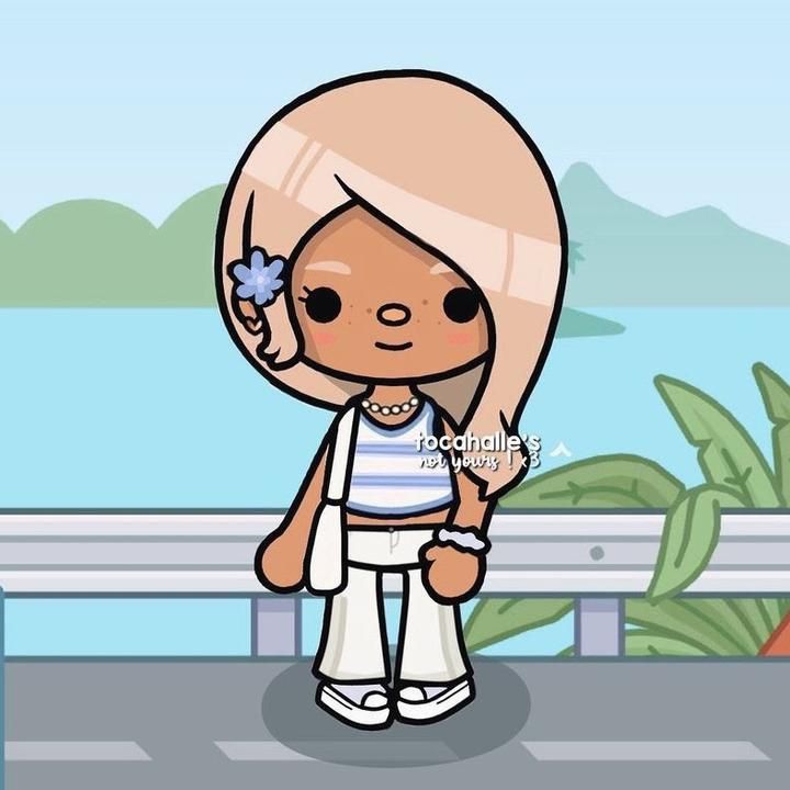 an animated girl with blonde hair and white pants standing in front of a bench next to the ocean