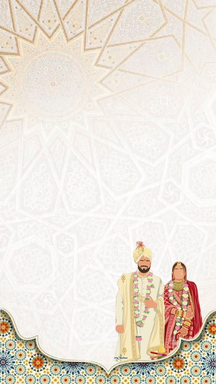 two people standing next to each other in front of a white background with intricate designs