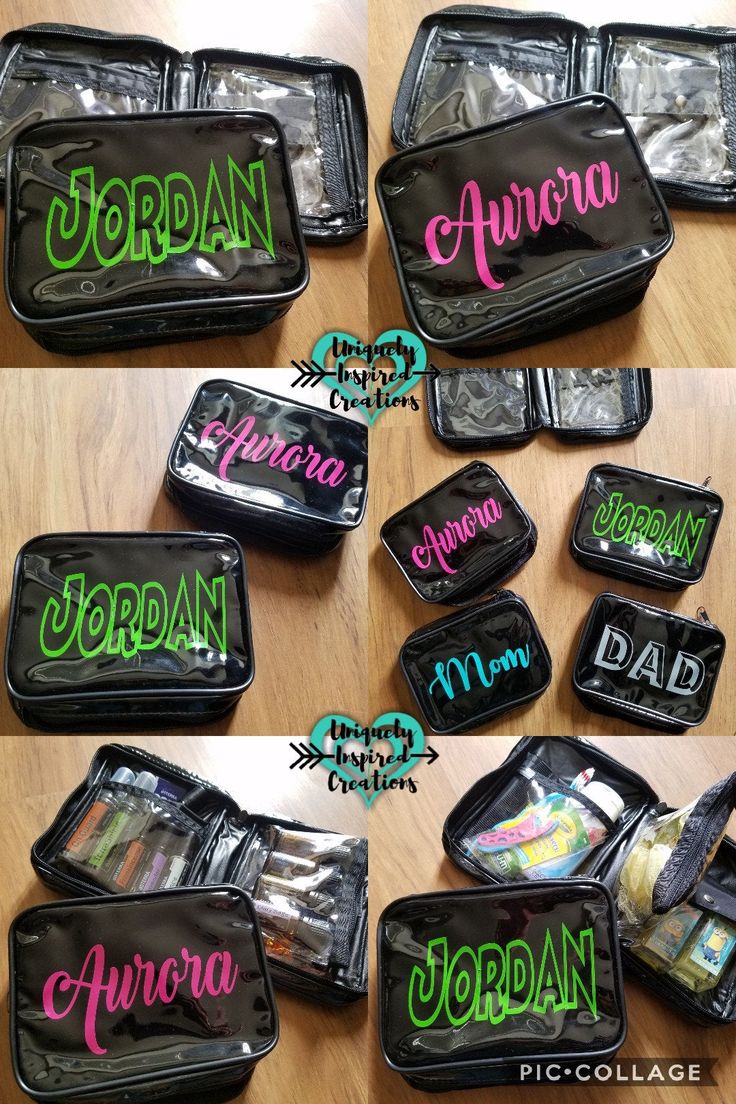 several different types of personalized makeup bags on a wooden table with the name jordan written on them