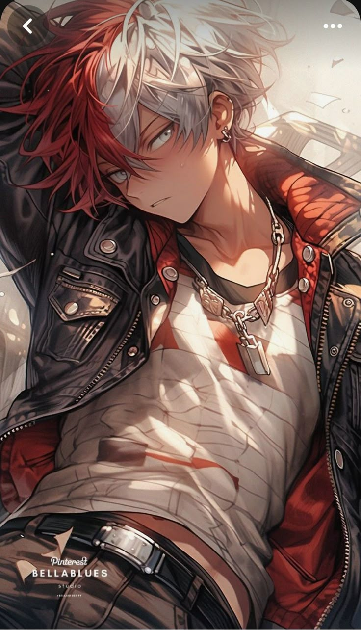 an anime character with red hair and piercings on his head, wearing a leather jacket