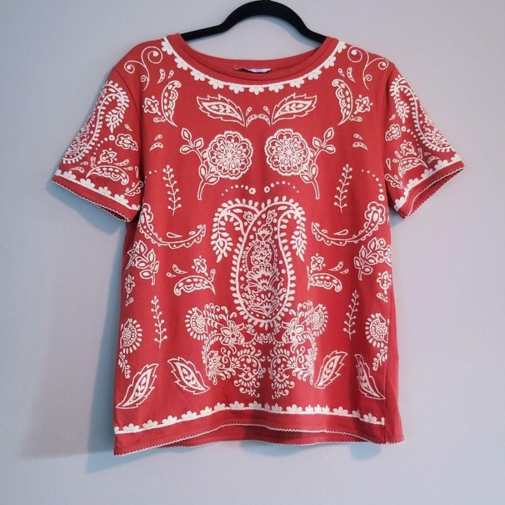 Size: Medium Brand: Zara Trafaluc Condition: Brand New - Dark Orange - Slightly Cropped Tshirt - Paisley Print On The From And Sleeves - Cotton Red Paisley Print Summer Top, Spring Cotton Paisley Print Tops, Spring Cotton Tops With Paisley Print, Red Paisley Print Cotton Top, Casual Cotton Tops With Paisley Print, Cotton Paisley Print Patterned Tops, Casual Red Paisley Print Top, Casual Red Tops With Paisley Print, White Cotton Tops With Paisley Print