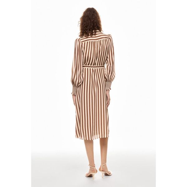 Brown Stripe (Main: 70% Viscose, 30% Silk Lining; Cami: 100% Polyester). Casual Dresses. Collared. Long Sleeve. Back Zipper Closure. Shoulder to Hemline Length: 45". Imported. Fall Viscose Midi Shirt Dress, Viscose Midi Shirt Dress For Fall, Fitted Viscose Shirt Dress For Fall, Fall Button-up Viscose Dress, Summer Long Sleeve Midi Dress For Work, Beige Long Sleeve Viscose Dress, Chic Collared Fall Dresses, Chic Collared Dresses For Fall, Chic Long Sleeve Viscose Midi Dress