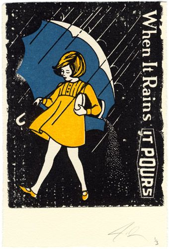 a drawing of a woman walking in the rain with an umbrella