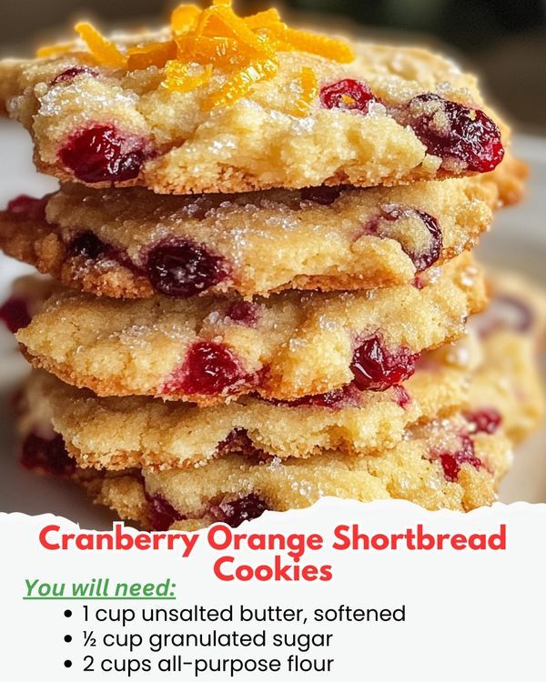 a stack of cranberry orange shortbread cookies