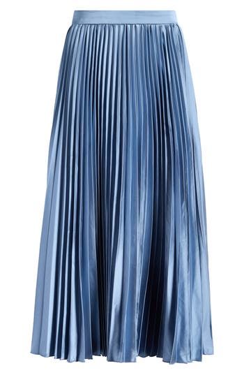 Flowy pleats add visual intrigue to a versatile skirt fashioned in a midi length for timeless appeal. 32" length (size Medium) Lined 95% polyester, 5% elastane Dry clean Imported Blue Satin Skirt, Cute Work Outfits, Tulle Midi Skirt, Pleated Long Skirt, Pleated Skirts, Astr The Label, Elegant Skirt, Sharp Dressed Man, Satin Skirt