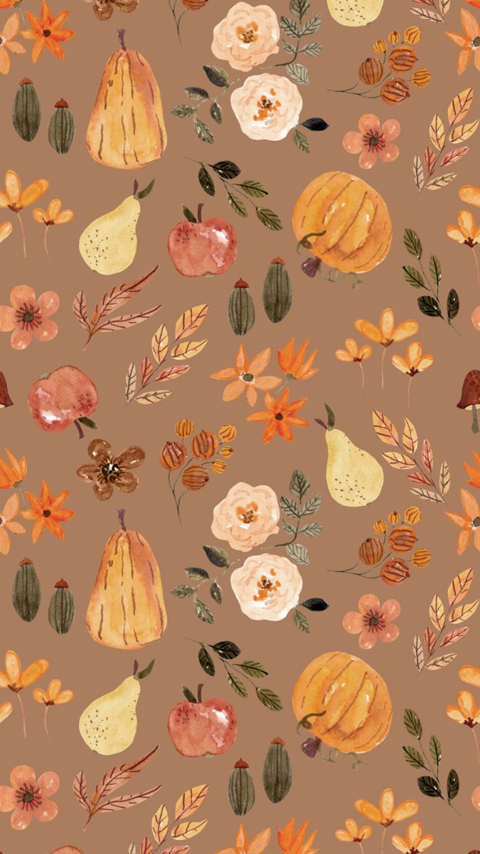 a brown background with oranges, apples and flowers on the bottom right hand corner