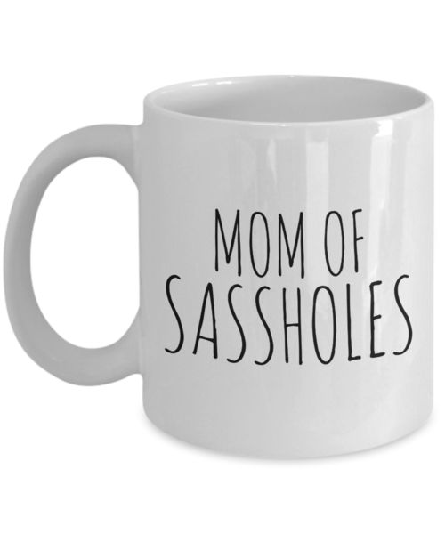 a white coffee mug with the words mom of sasahbles on it