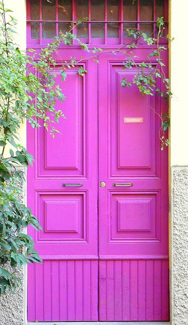 a pink door with vines growing out of it