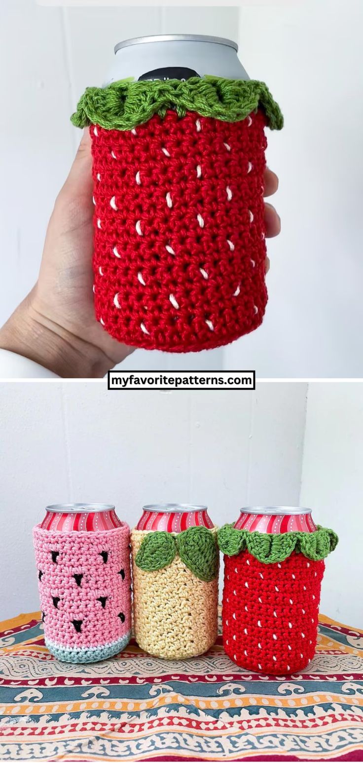 crocheted strawberries and watermelon can cozyies are perfect for summer