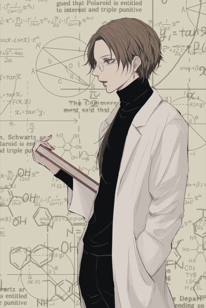 an anime character standing in front of a wall with many calculations and writing on it