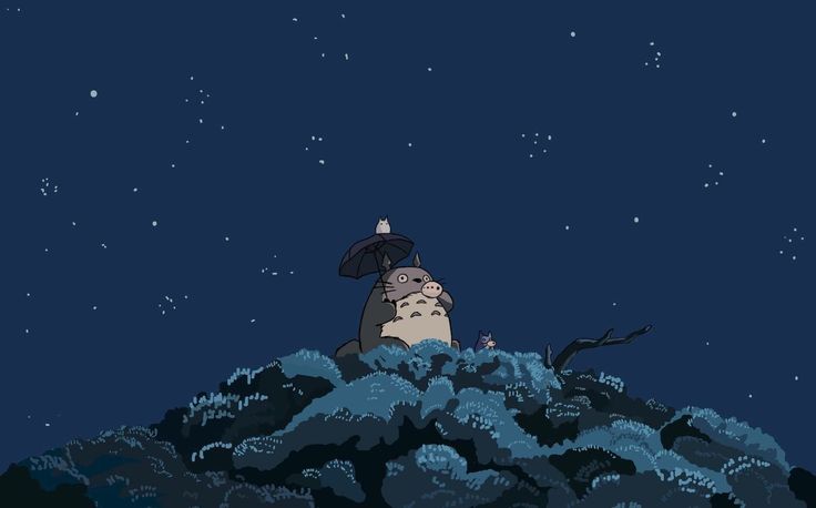 a cartoon character sitting on top of a mountain under the stars