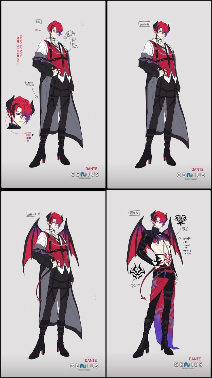 four different views of an anime character with red hair and black clothes, one is holding a