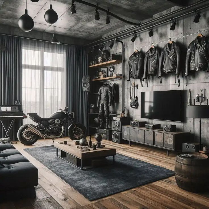 a living room filled with furniture and a motorcycle