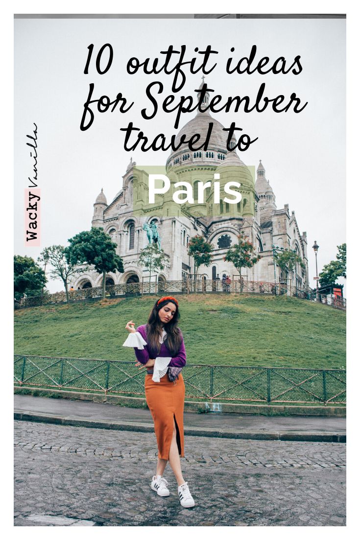 a woman standing in front of a building with the words 10 outfit ideas for september travel to paris