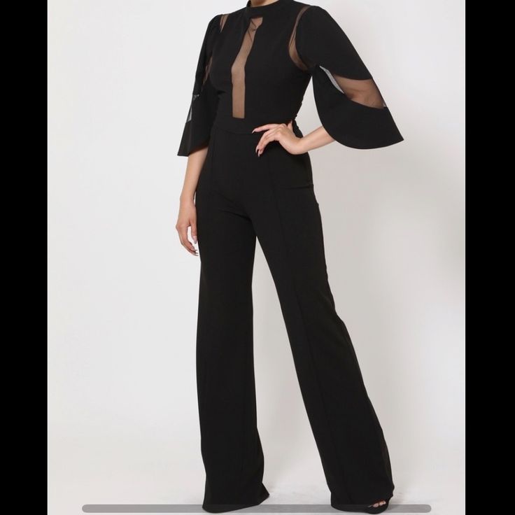 Black Mesh Jumpsuit; Elastic Fabric For Room To Breathe & Easy Pull Up Zipper In The Back Size(S): S (0-4), L (10-12) New With Tags! | Multiple Sizes Available | Specific Questions, Find Me On Ig @Mxrxdxthx | Chic Fitted Jumpsuits And Rompers With Sheer Sleeves, Chic Fitted Jumpsuits With Sheer Sleeves, Black Formal Jumpsuits And Rompers For Fall, Elegant Bodysuit For Going Out In Fall, Elegant Fall Bodysuit For Going Out, Black Jumpsuit For Formal Spring Events, Elegant Black Bodysuit For Party, Elegant Black Party Bodysuit, Chic Black Bodysuit For Workwear