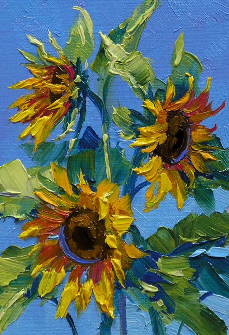 a painting of sunflowers in a blue vase