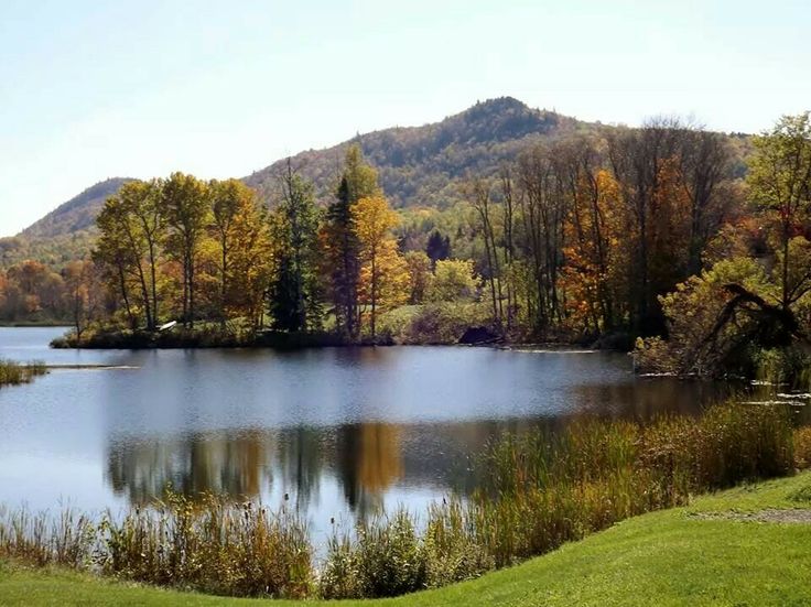 a lake surrounded by trees with mountains in the background