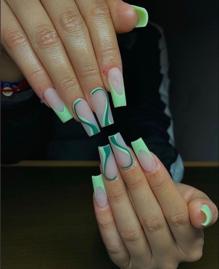 Mixed Nail Designs, White Design Nails, Green Prom Nails, Black Acrylic Nail Designs, Green Nail Ideas, Lime Green Nails, Black Acrylic Nails, Green Nail Designs, Green Prom