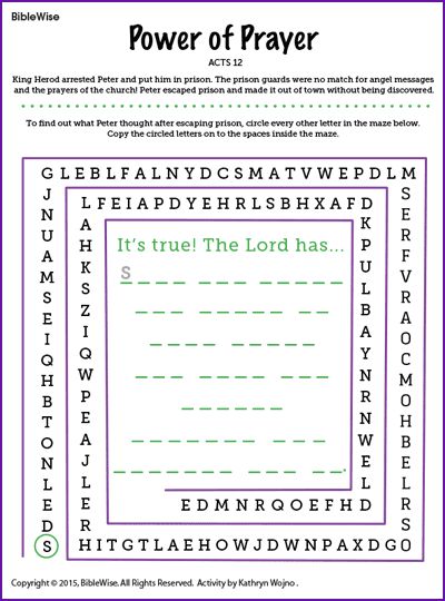 the power of prayer word search is shown in purple, green and white with an image of